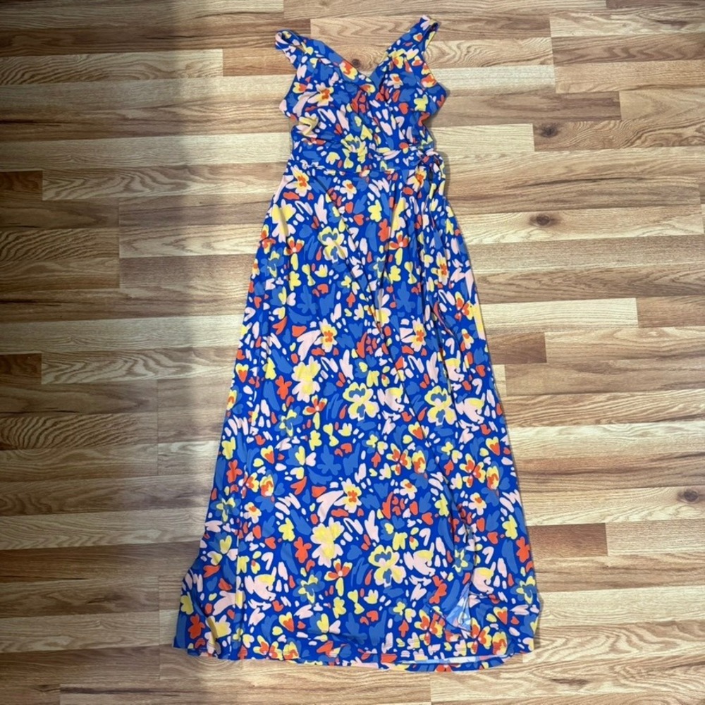 41 Hawthorn Floral Maxi Dress Womens Small Blue Yellow Abstract Faux Wrap V-Neck